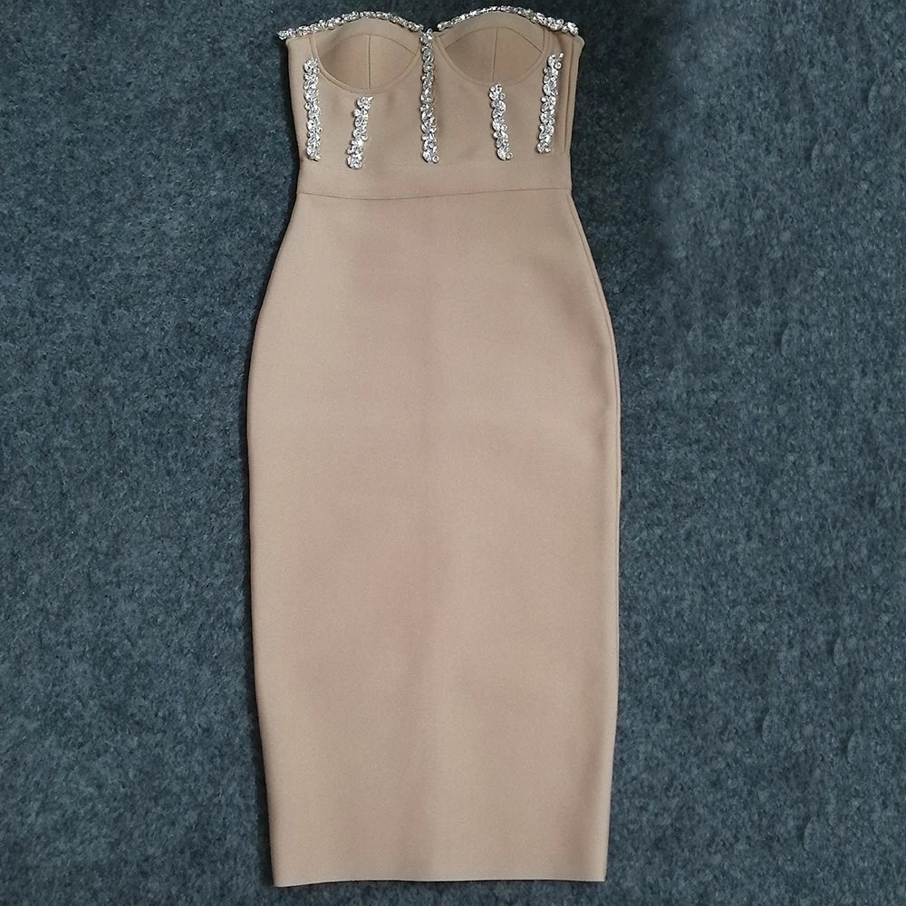 Sexy Strapless Women Dress Bandage Bodycon 2023 New Elegant Beading Party Evening Club Midi Dresses Summer Autumn Clothes - Image 4