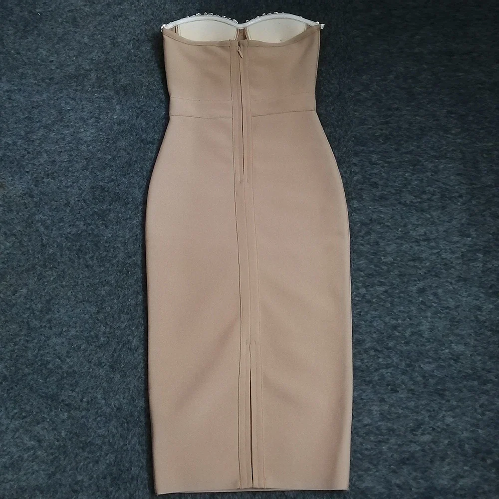 Sexy Strapless Women Dress Bandage Bodycon 2023 New Elegant Beading Party Evening Club Midi Dresses Summer Autumn Clothes - Image 5