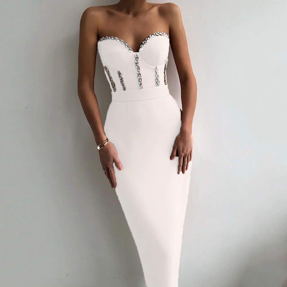 Sexy Strapless Women Dress Bandage Bodycon 2023 New Elegant Beading Party Evening Club Midi Dresses Summer Autumn Clothes - Image 7