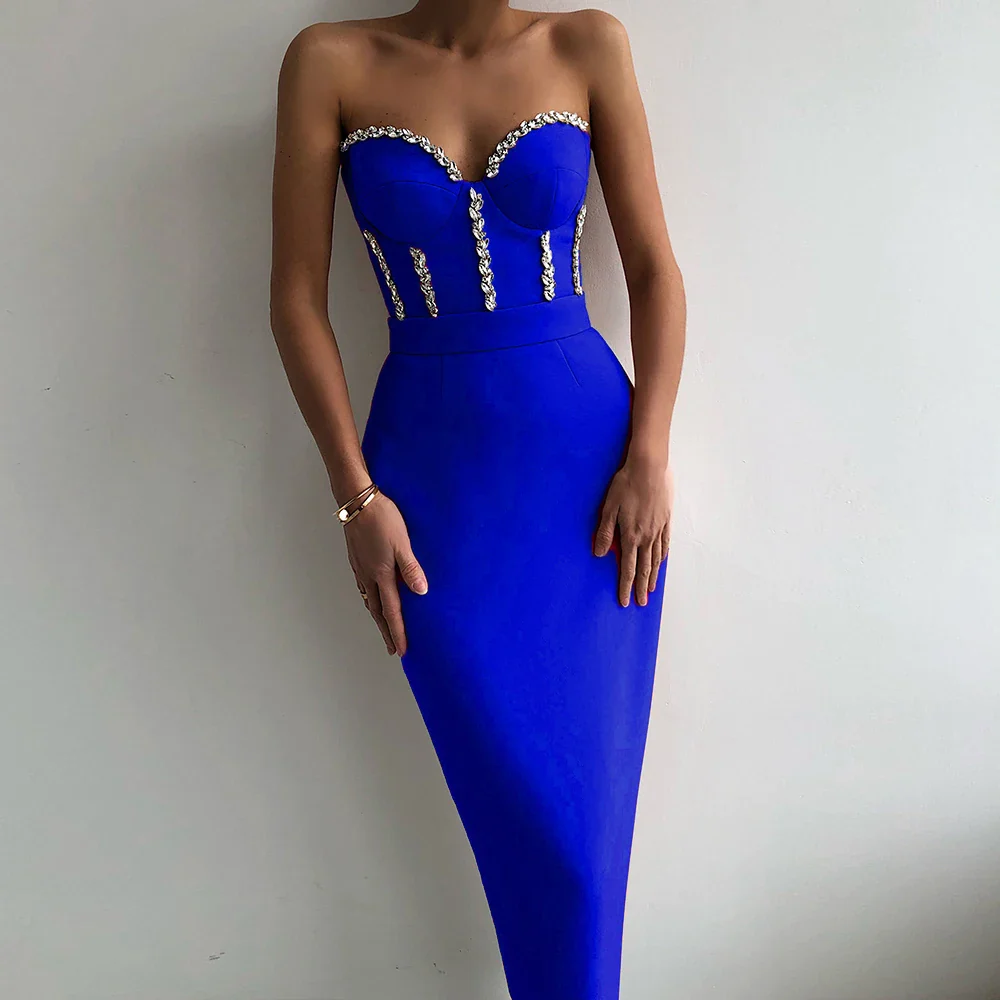 Sexy Strapless Women Dress Bandage Bodycon 2023 New Elegant Beading Party Evening Club Midi Dresses Summer Autumn Clothes - Image 8