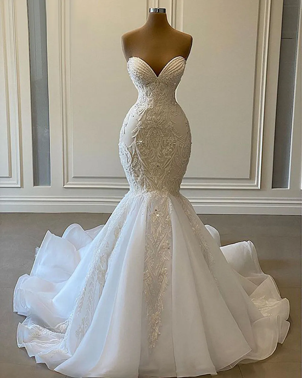 Sexy Sweetheart Mermaid African Wedding Dresses 2023 Luxury Beaded Embroidery Women White Organza Bridal Wedding Gowns