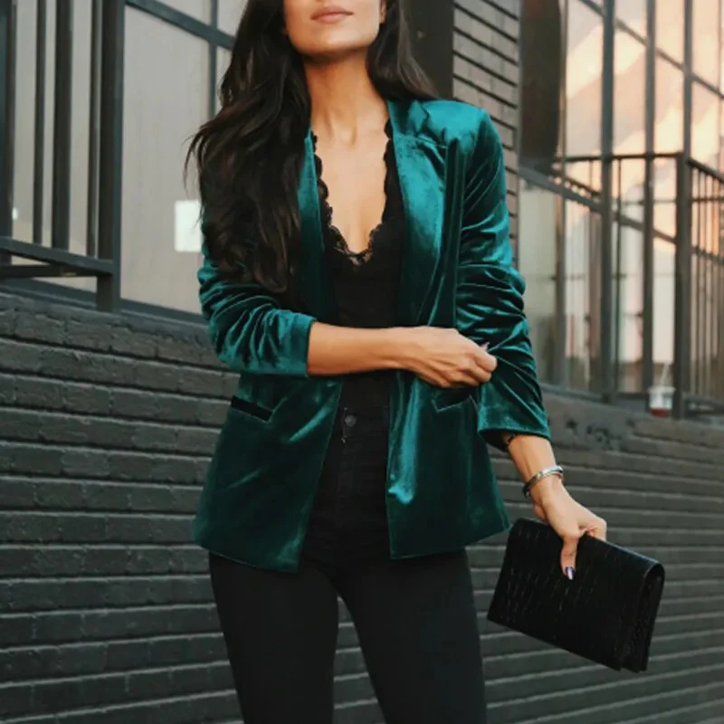 Sexy V Neck Golden Velvet Small Suit Jacket Autumn New Women Slim Solid Color Long Sleeves Coat Elegant Office Lady Party Jacket - Image 2