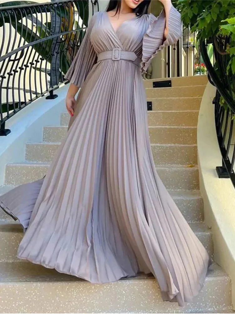 Sexy V-Neck Pleated Dinner Party Dress Women Yellow Elegant  with Belt Long Sleeve Robe Femme African Maxi Red Vestido - Image 8