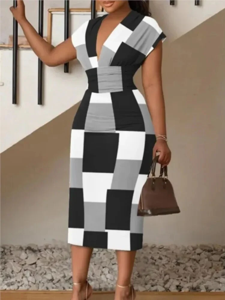 Sexy V Neck Sleeveless Dress Office Lady Spring Summer Fashion Elegant Buns Printing Dresses For Women 2023 Vestidos Para Mujer - Image 2
