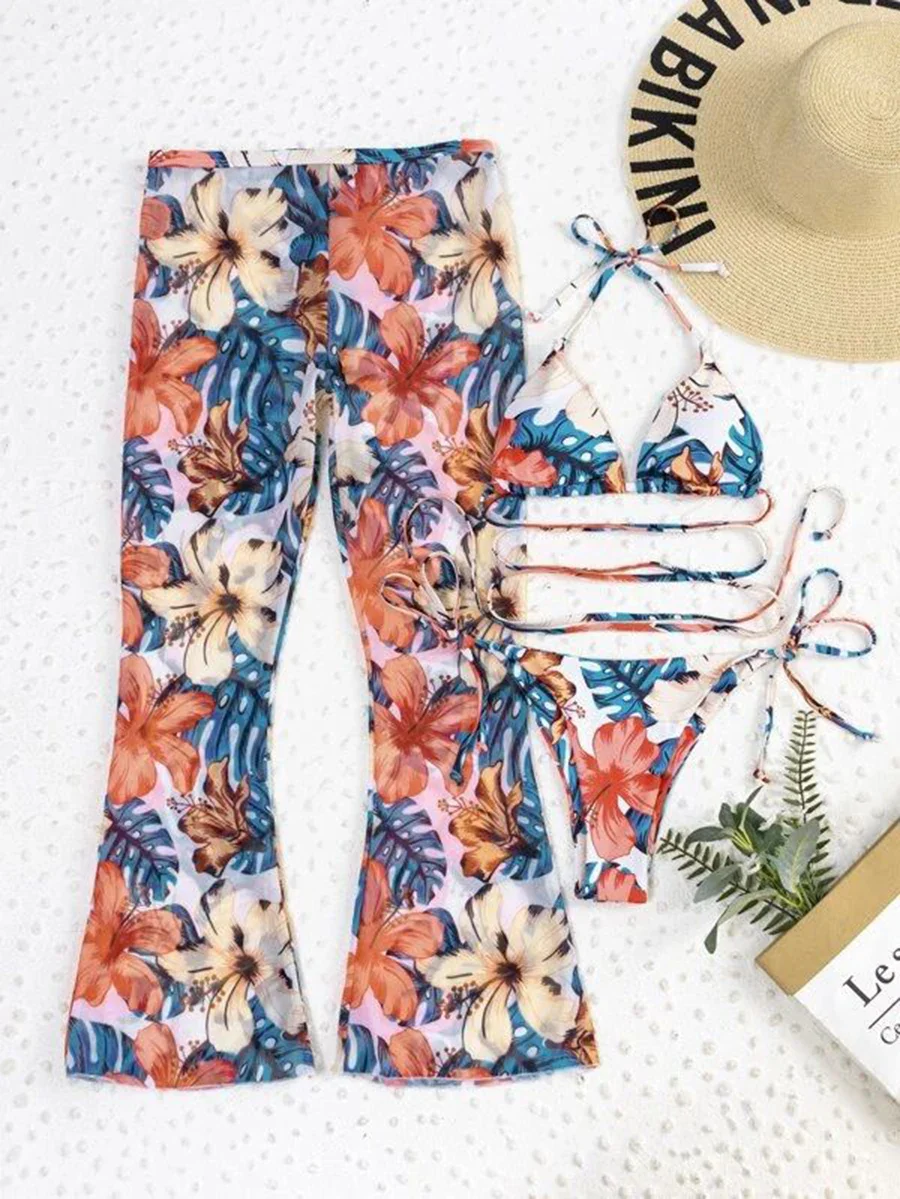 Sexy Women 3 Pieces Swimsuits Mesh Pants Cover Ups Swimming Suits Female Swim Wear Print Backless Dress Summer Outfits Beachwear - Image 3
