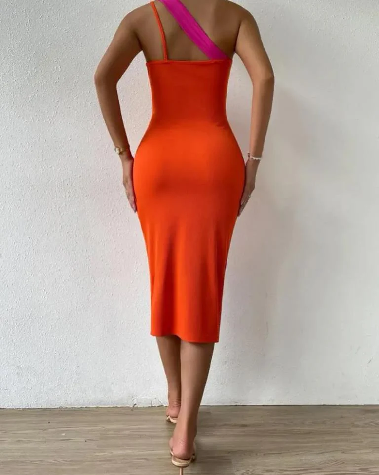 Sexy Women's Dresses 2022 Summer Fashion Colorblock Patchwork Cutout One Shoulder Sleeveless Midi Bodycon Slit Dress - Image 3
