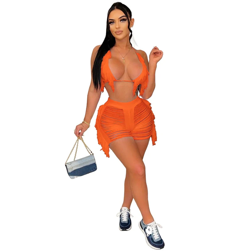 Sexy Women Knitted Set Two Pieces Set Halter Backless Bra Shorts Crocheted tassel Hollow Out Beach Wear cover-ups 2022 New - Image 3