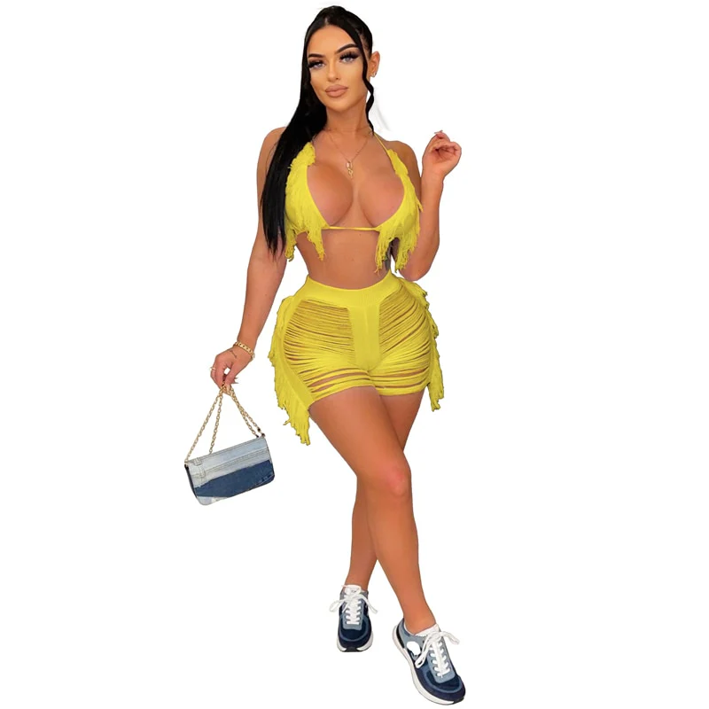 Sexy Women Knitted Set Two Pieces Set Halter Backless Bra Shorts Crocheted tassel Hollow Out Beach Wear cover-ups 2022 New - Image 4