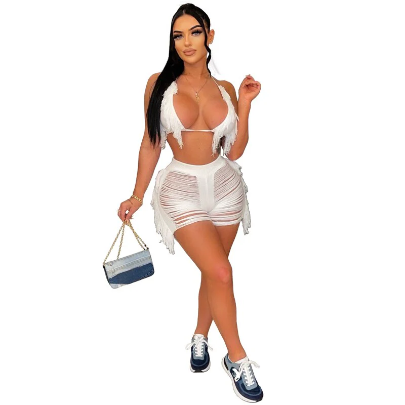 Sexy Women Knitted Set Two Pieces Set Halter Backless Bra Shorts Crocheted tassel Hollow Out Beach Wear cover-ups 2022 New - Image 6