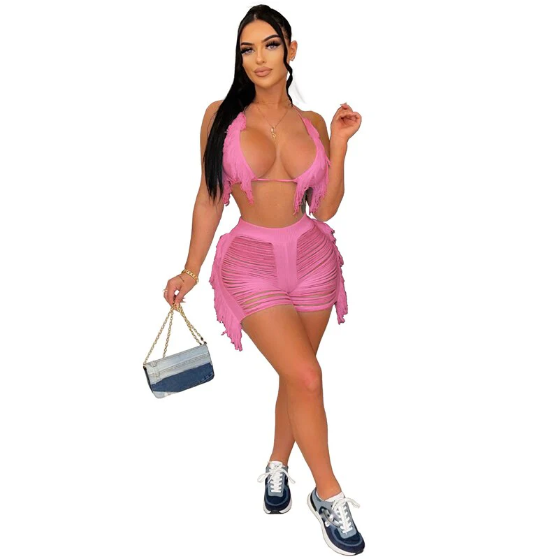 Sexy Women Knitted Set Two Pieces Set Halter Backless Bra Shorts Crocheted tassel Hollow Out Beach Wear cover-ups 2022 New - Image 7