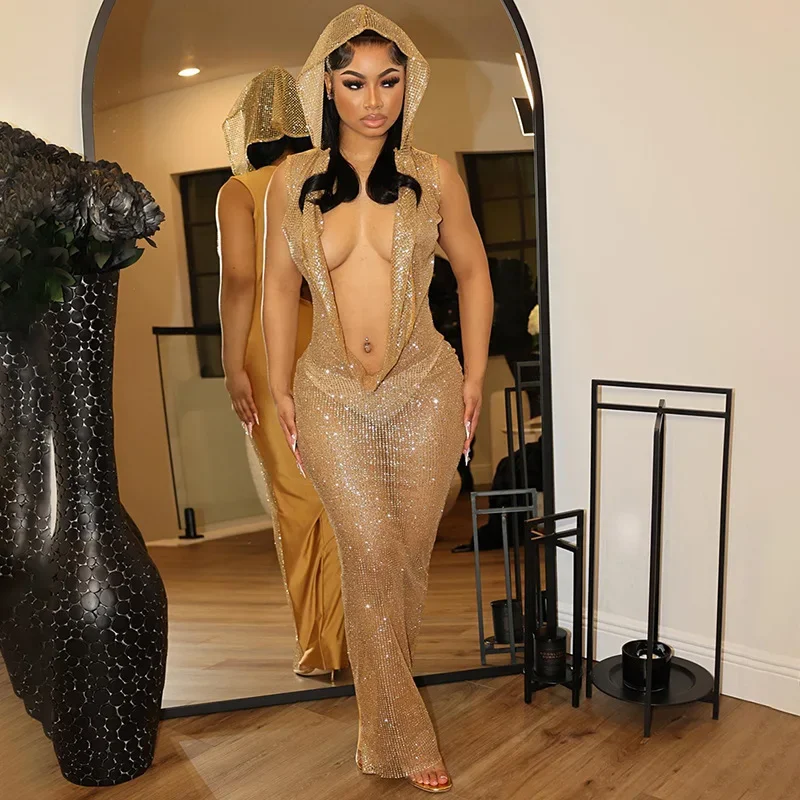 Sexy Women Shiny Golden Sequin Long Dress Backless Low-cut Hooded Dress Party Lady Glitter Cut-out Dress Prom Cocktail Celebrity - Image 3