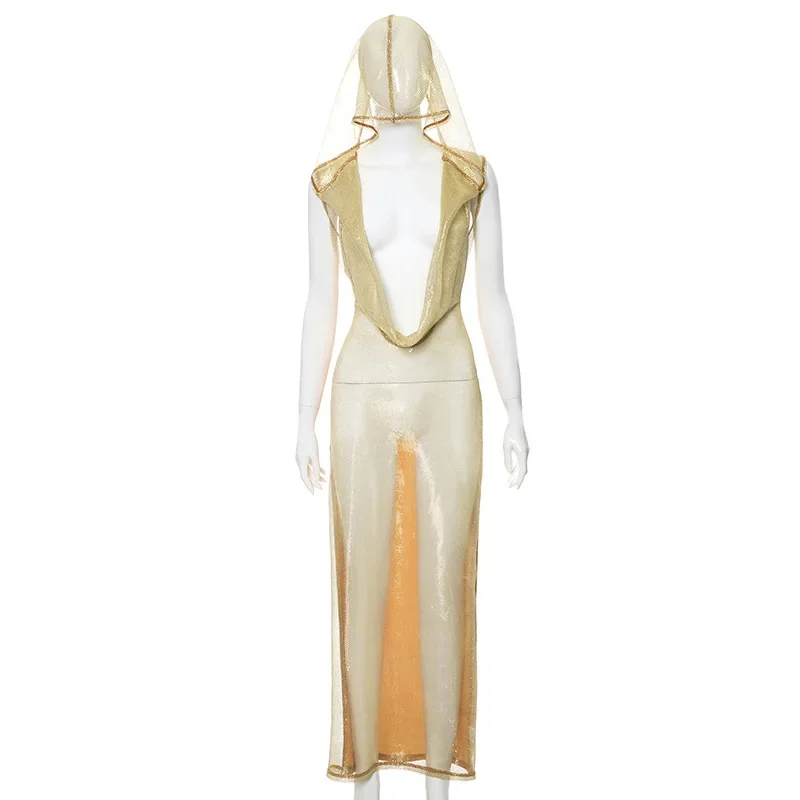 Sexy Women Shiny Golden Sequin Long Dress Backless Low-cut Hooded Dress Party Lady Glitter Cut-out Dress Prom Cocktail Celebrity - Image 7