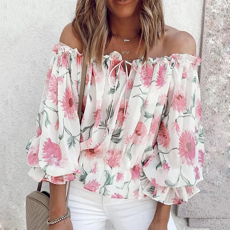 Sexy Women Spring Autumn Ruffles Chiffon Tops Tees Floral  Belt Off Shoulder Casual Femme Blouse Shirt Befree Boho - Image 2