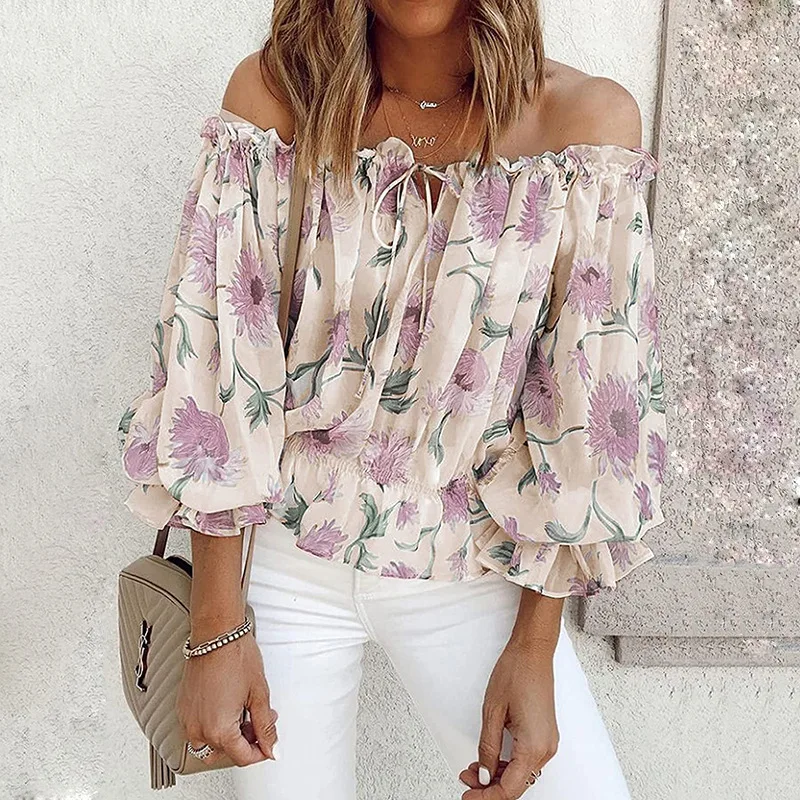 Sexy Women Spring Autumn Ruffles Chiffon Tops Tees Floral  Belt Off Shoulder Casual Femme Blouse Shirt Befree Boho - Image 6