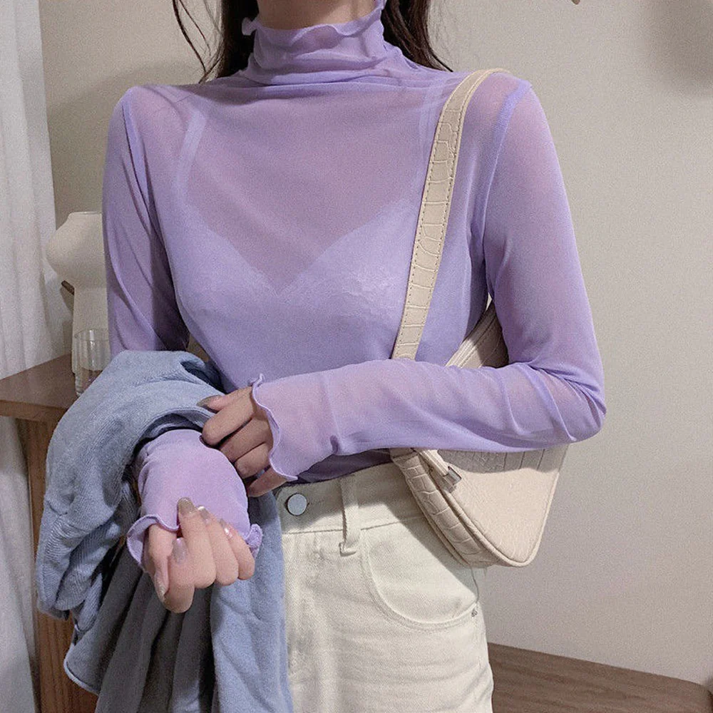Sexy Women T Shirt See Through Transparent Tops Long Sleeve Ladies T-Shirt Pink Green Basic Top for Female Bottoming Blouses - Image 4