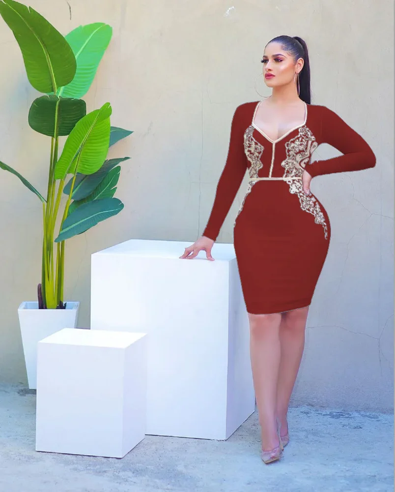 Sexy Women V-Neck Long Sleeve Bodycon Lace Party Dress Office Lady Bandage Pencil Dress Vestidos - Image 2