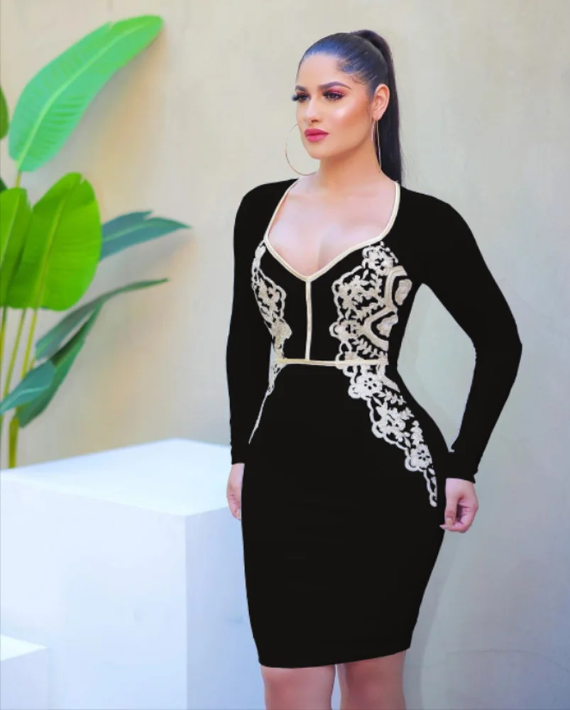 Sexy Women V-Neck Long Sleeve Bodycon Lace Party Dress Office Lady Bandage Pencil Dress Vestidos - Image 5