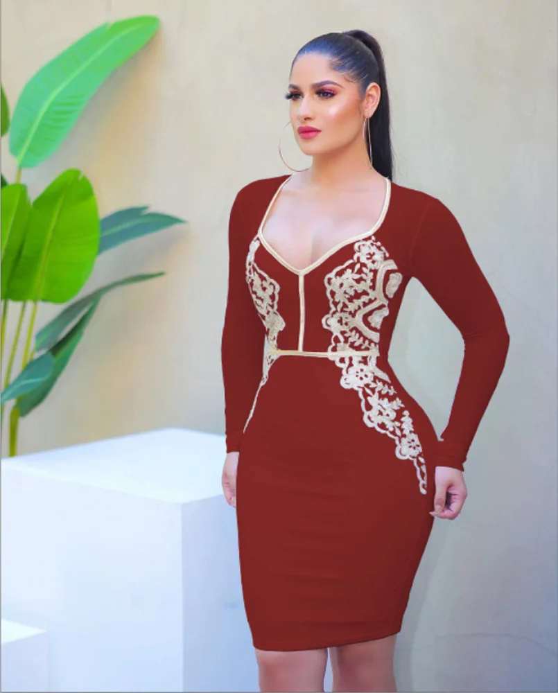 Sexy Women V-Neck Long Sleeve Bodycon Lace Party Dress Office Lady Bandage Pencil Dress Vestidos - Image 9