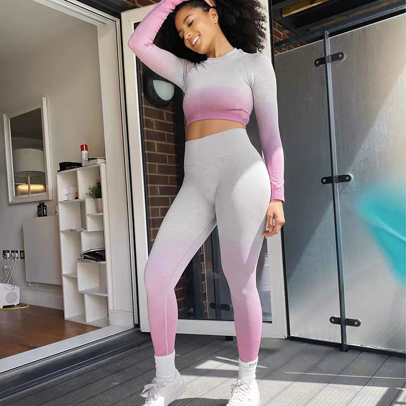 Sexy Women's Tracksuit Seamless Sports Fitness Suit Long Sleeve Crop Top High Waist Leggings Set Hang Dye Winter Clothes Women - Image 16