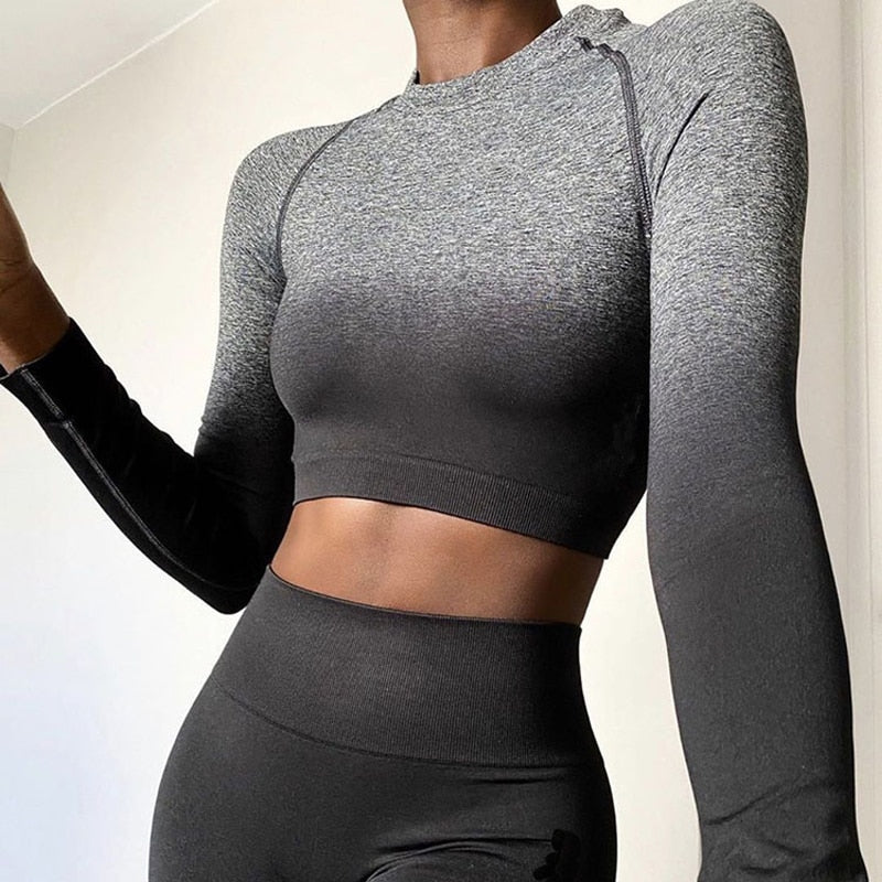 Sexy Women's Tracksuit Seamless Sports Fitness Suit Long Sleeve Crop Top High Waist Leggings Set Hang Dye Winter Clothes Women - Image 17