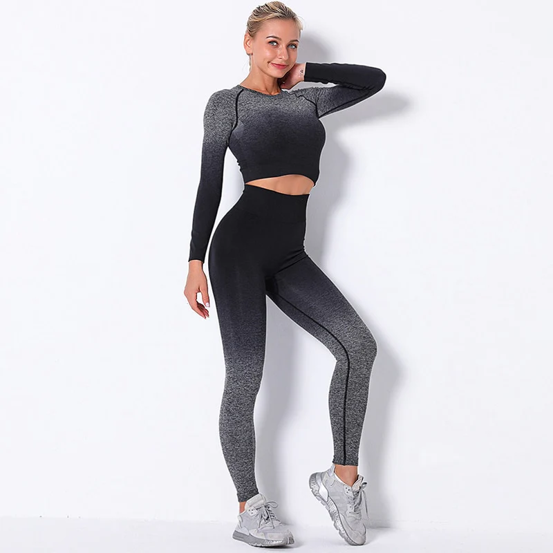 Sexy Women's Tracksuit Seamless Sports Fitness Suit Long Sleeve Crop Top High Waist Leggings Set Hang Dye Winter Clothes Women - Image 5