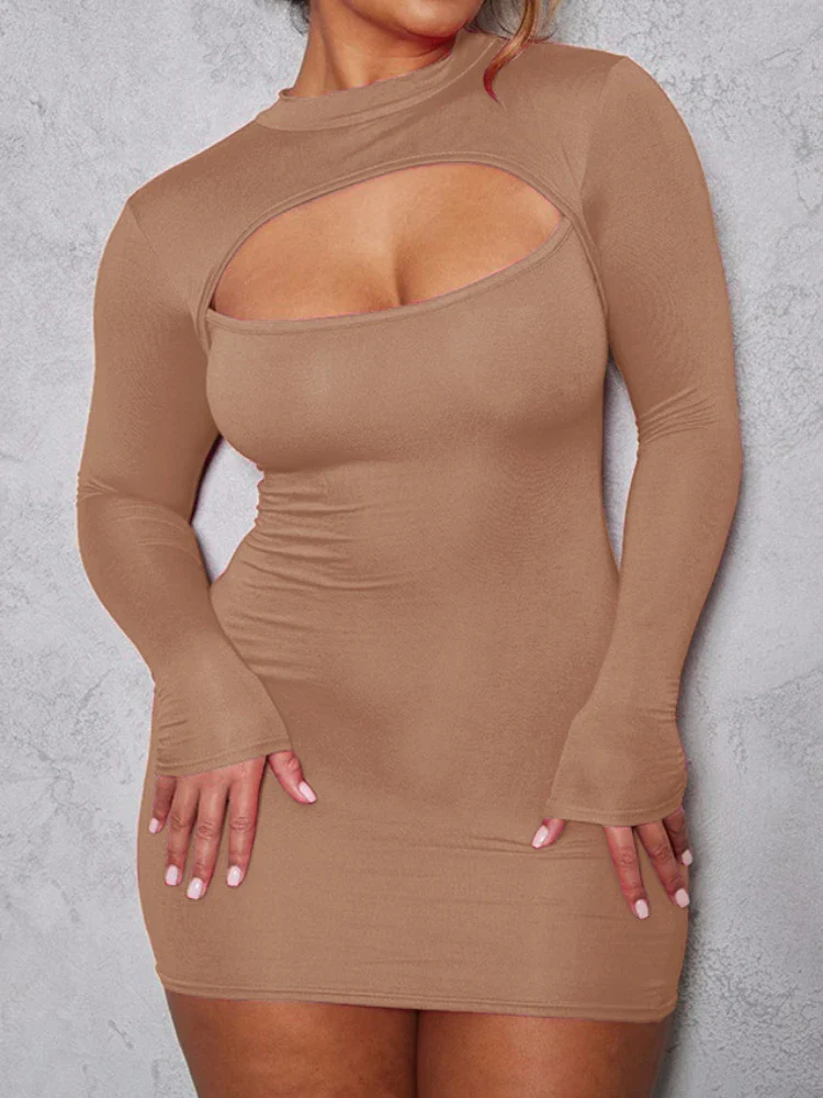 Sexy Wrap Chest Hollow Out Elastic Slim Bodycon Dress Women Long Sleeved Solid Color Skinny Dress Evening Club Party Vestidos - Image 3