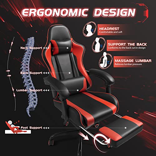 Shahoo Gaming Chair with Footrest and Massage Lumbar Support, Video Racing Seat Height Adjustable with 360°Swivel and Headrest for Office or Bedroom, Red - Image 4