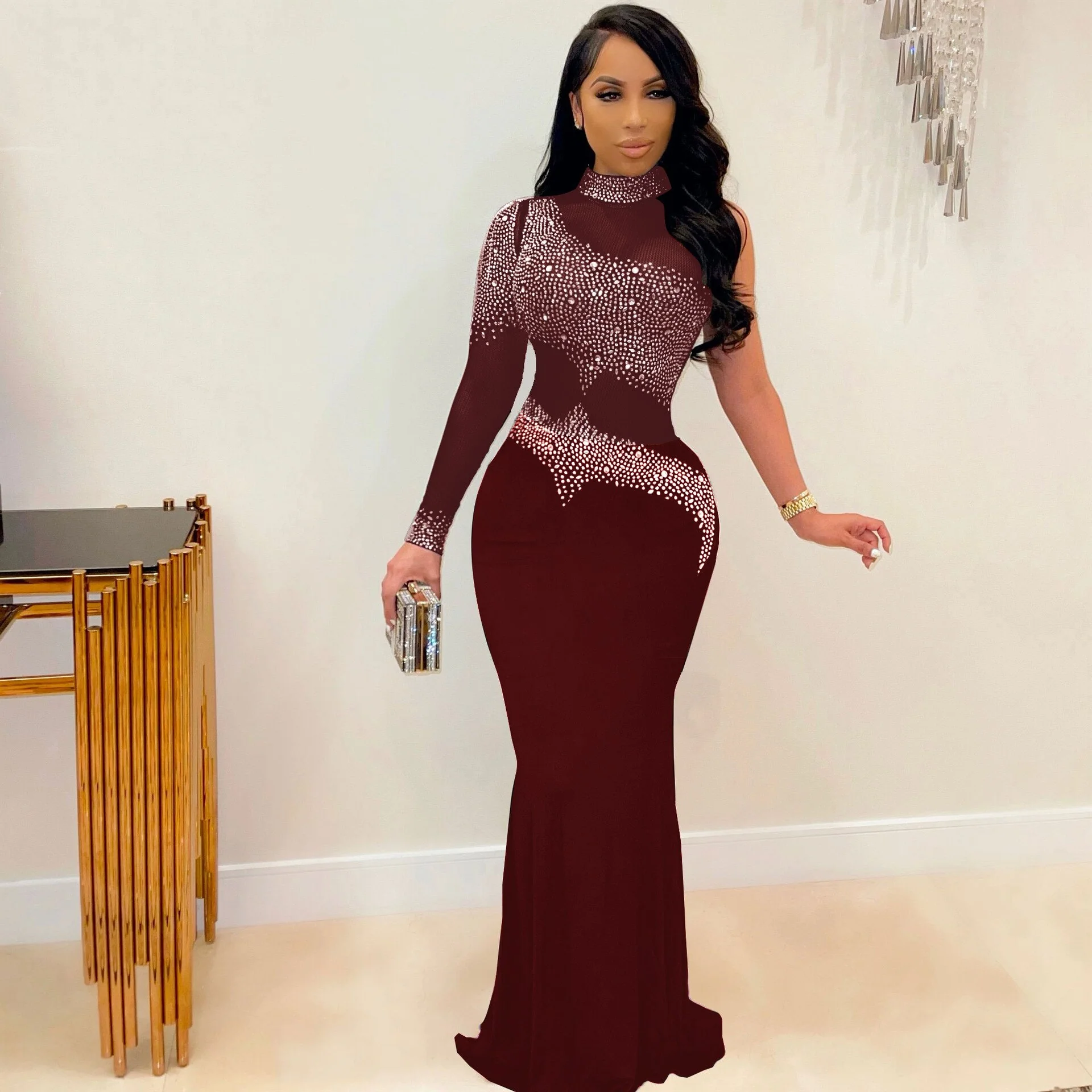 Sheer Mesh Patchwork Rhinestones Long Maxi Dress Women Sleeveless Turtleneck Floor Length Vestidos Sexy Transparent Xmas Dress - Image 8