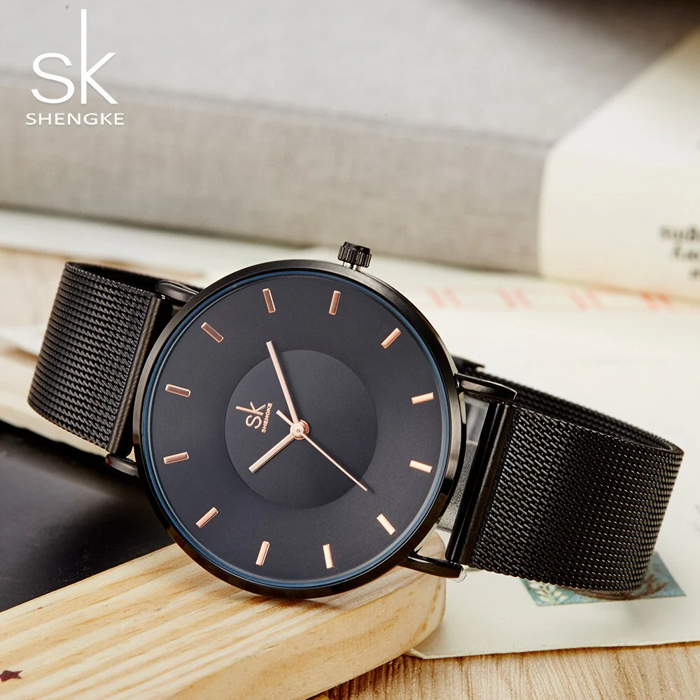 Shengke Fashion Black Watch For Women Classic Relogio Feminino Ultra Thin Quartz Watch Woman Adjustable Mesh Strap Montre Femme - Image 8