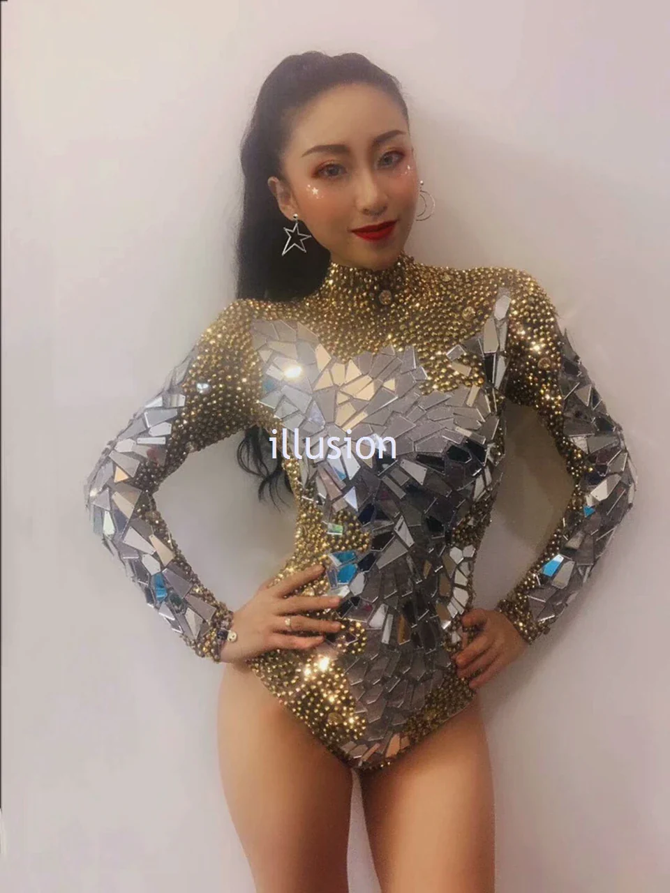 Shining Gold Rhinestones Mirrors Bodysuit Women's Birthday Celebrate Party Outfit DS Bar Singer Dancer Show Performance Costume - Image 3