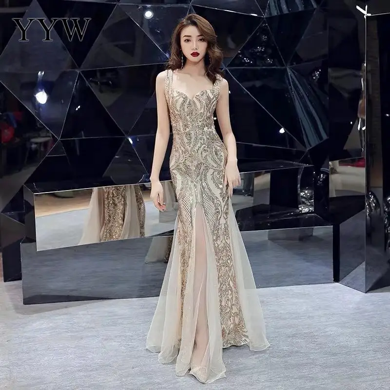 Shinny Gold Sequined V Neck Sleeveless Elegant Evening Dresses Sexy Robe De Soiree Formal Dress Luxury Mesh Club Party Vestidos - Image 9