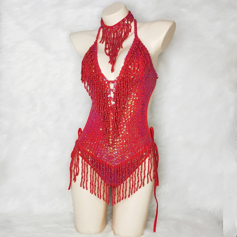 Shiny Costume For Women Red Beading Sequin Tassel One-Piece Bodysuit Sexy Clubwear Party Outfit Stage Performance Dance Clothes - Image 2