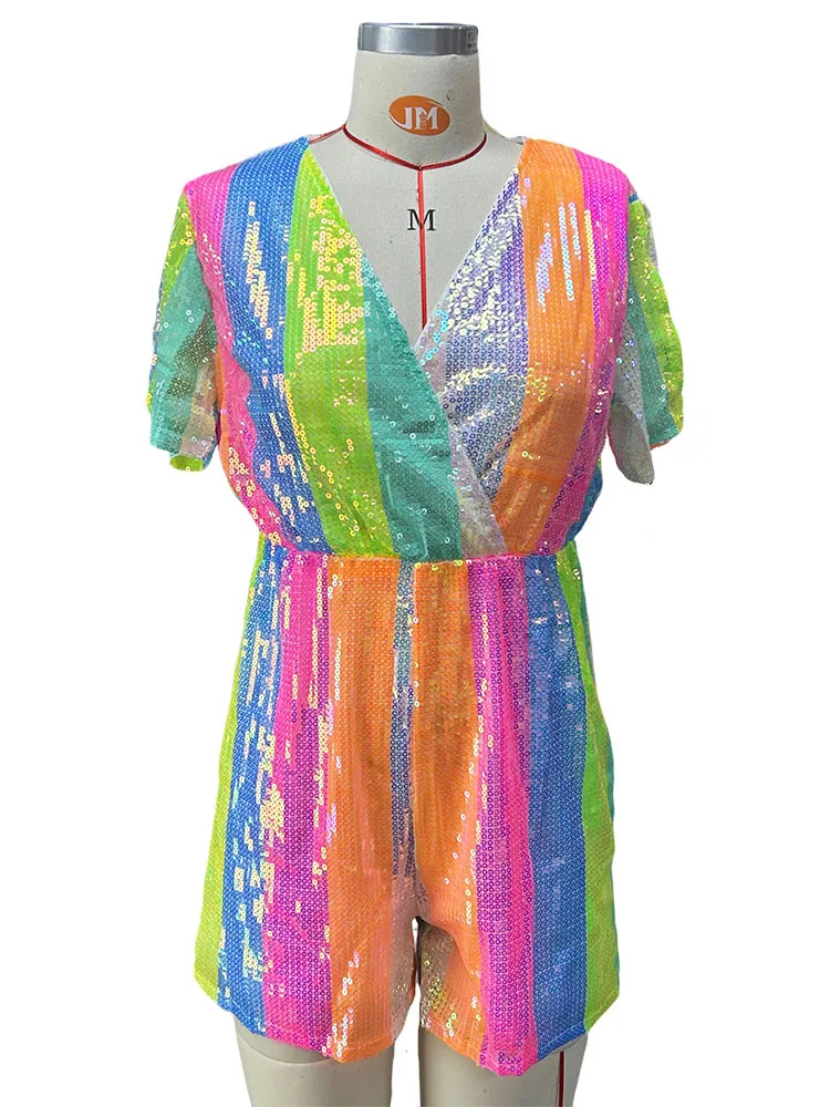 Shiny Rainbow Stripe Sequin Rompers Women Sequins Jumpsuit Sexy Paillette Spot Rompers V-neck Shorts - Image 4