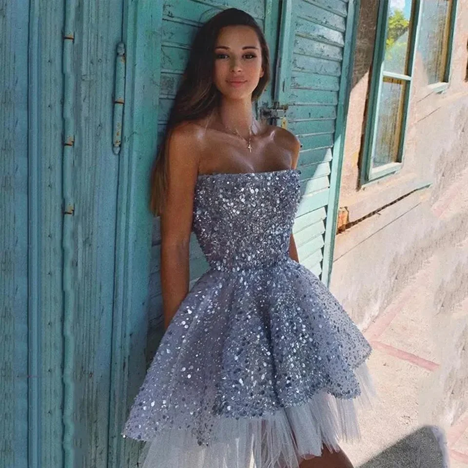 Shiny Sequined Short Cocktail Dresses 2021 Women Formal Party Short Prom Gowns Gray Vestido De Gala Graduation Homecoming Dress - Image 6