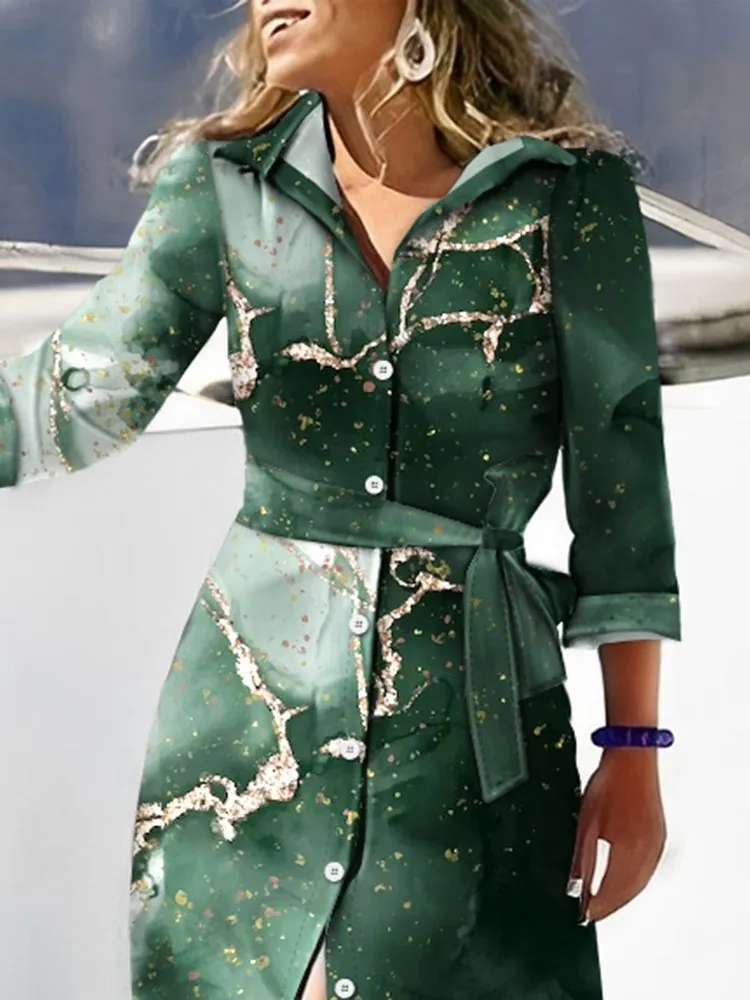 Shirt Dress Autumn Long Sleeve Elegant Belt Long Dress For Women 2023 Fashion Print Button Lapel Neck Casual Dresses Robe Femme - Image 5