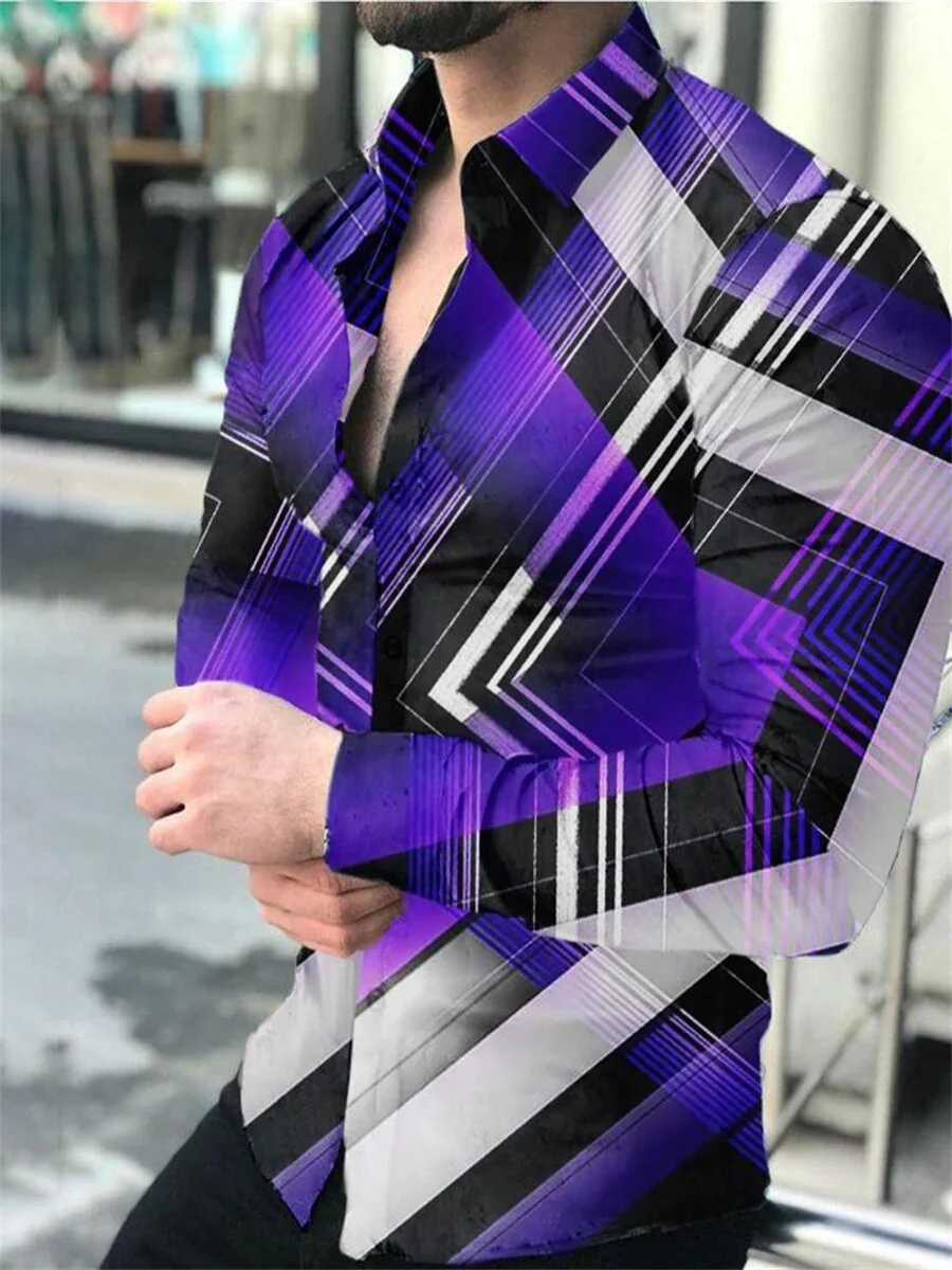 Shirt Men Lapel Stand Collar Fashion Casual Blue Purple Geometric Outdoor Street Party High Quality Fabric 2023 New Plus Size - Image 4