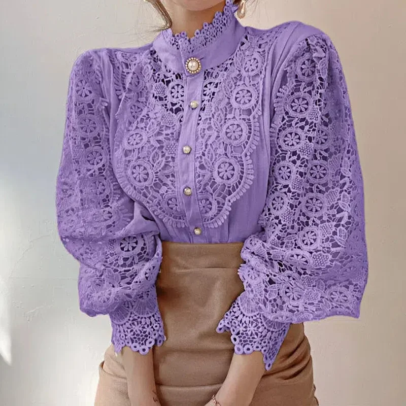 Shirt Women Blusas Mujer De Moda Office Lady Flower Blouse Spring Hollow Out Lace  Stand Collar Button Female Clothing 12419 - Image 10