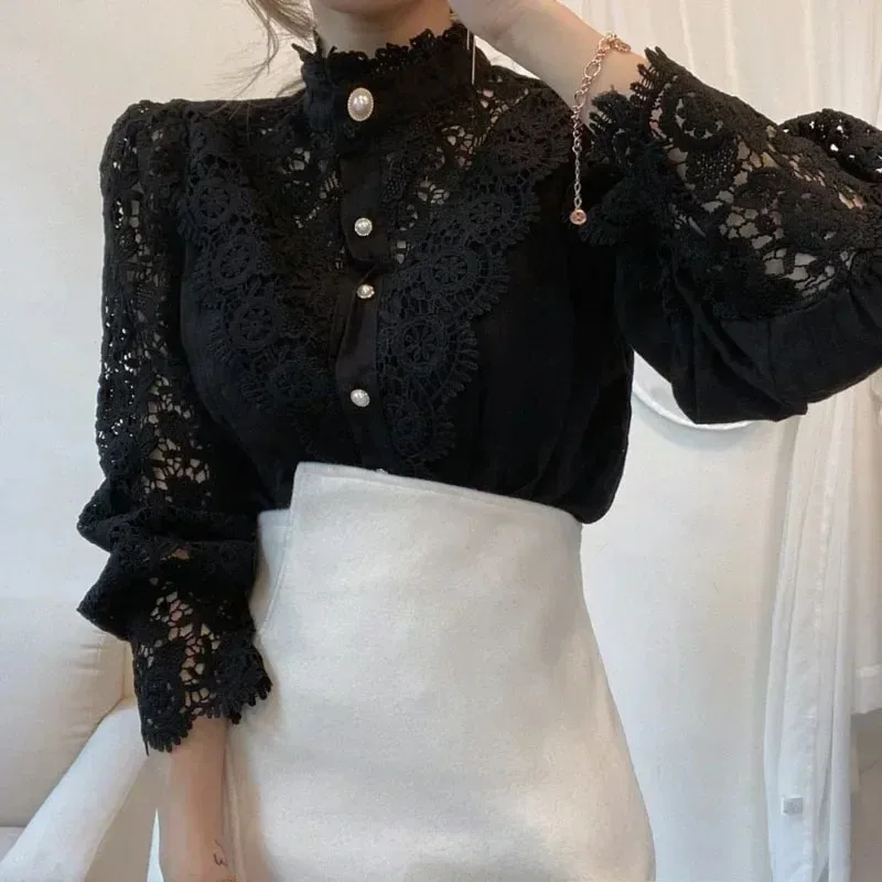 Shirt Women Blusas Mujer De Moda Office Lady Flower Blouse Spring Hollow Out Lace  Stand Collar Button Female Clothing 12419 - Image 8