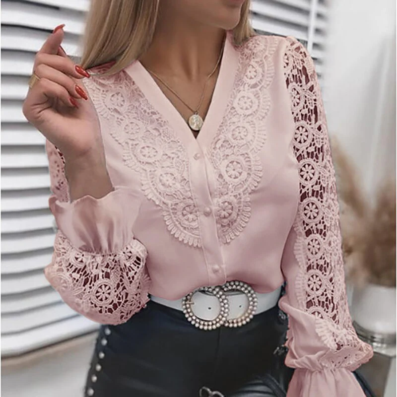 Shirts Elegant Office Ladies White Collared Lace Patchwork Hollow Out Button Up Womens Tops And Blouses 2022 Fashion New Blouse - Image 2
