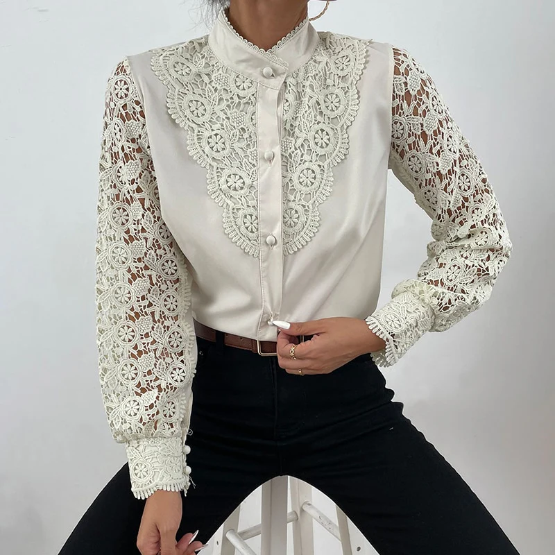 Shirts Elegant Office Ladies White Collared Lace Patchwork Hollow Out Button Up Womens Tops And Blouses 2022 Fashion New Blouse - Image 6