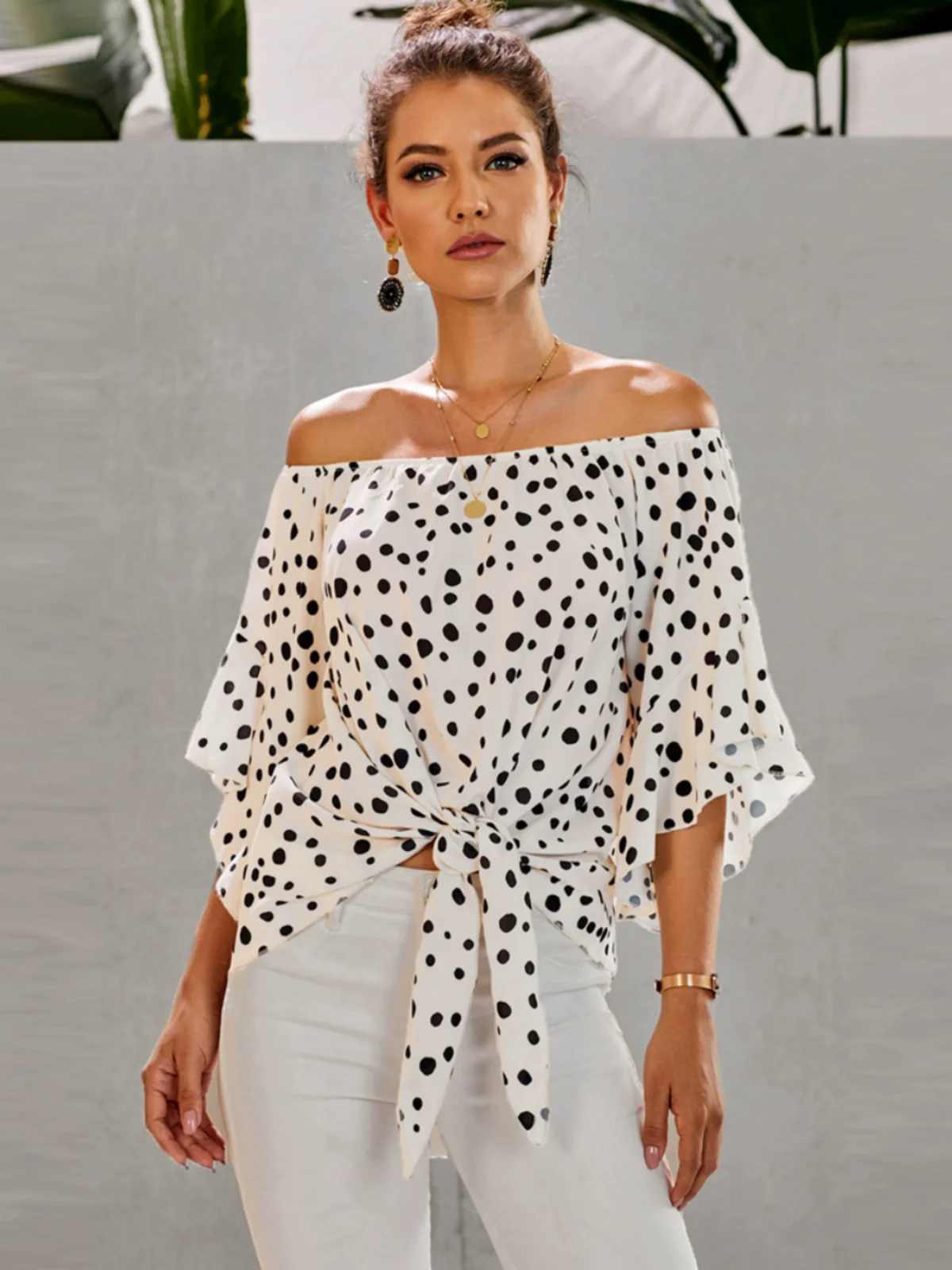 Shiying off-Shoulder Regular Sleeve Polka Dot Top T-shirt - Image 3