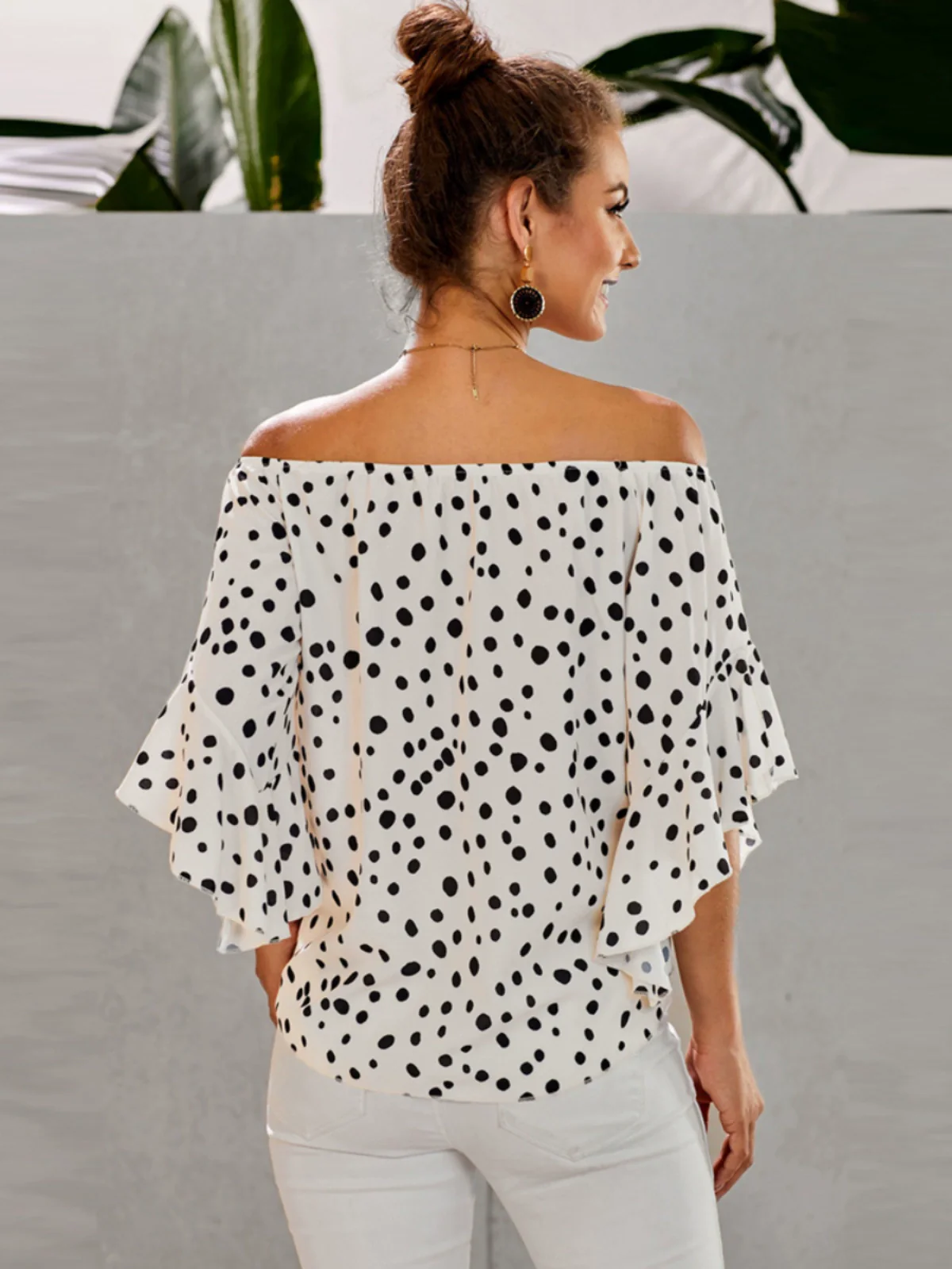 Shiying off-Shoulder Regular Sleeve Polka Dot Top T-shirt - Image 4
