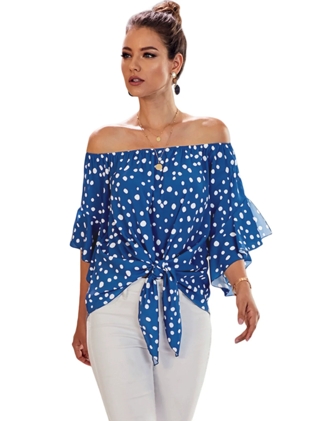 Shiying off-Shoulder Regular Sleeve Polka Dot Top T-shirt - Image 5