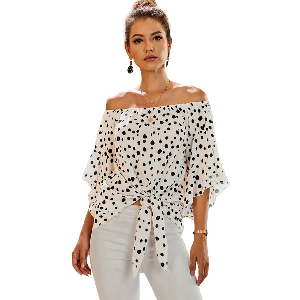 Shiying off-Shoulder Regular Sleeve Polka Dot Top T-shirt - Image 7