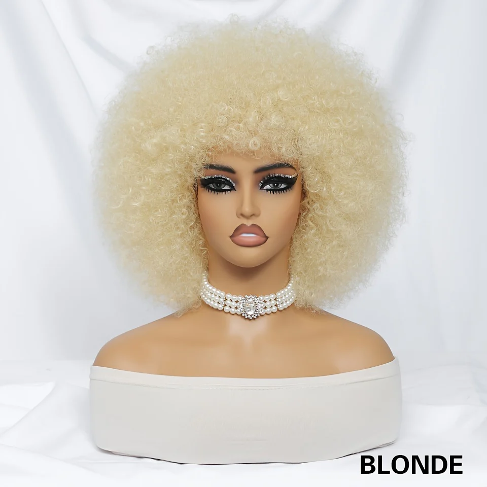 Short Afro Wigs For Women Blonde 10 Inch Afro Curly Wig With Bangs 70s Large Bouncy Soft Synthetic Female Wigs For Party Cosplay - Image 17