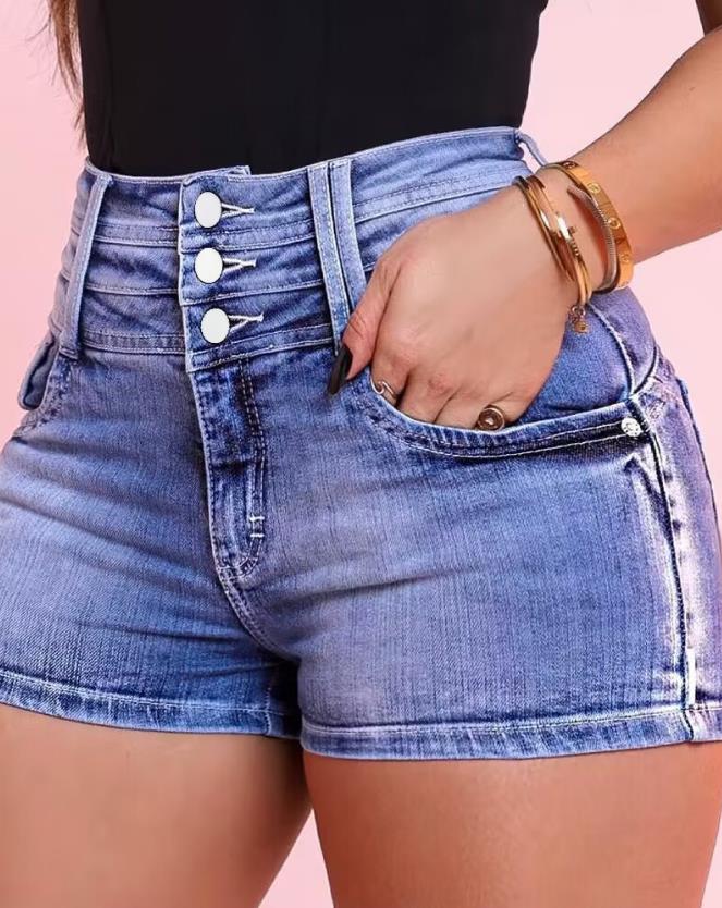 Shorts for Women 2023 Fashion Summer New Plain Pocket Detail Buttoned High Waist Casual Daily Skinny Denim Shorts Versatile