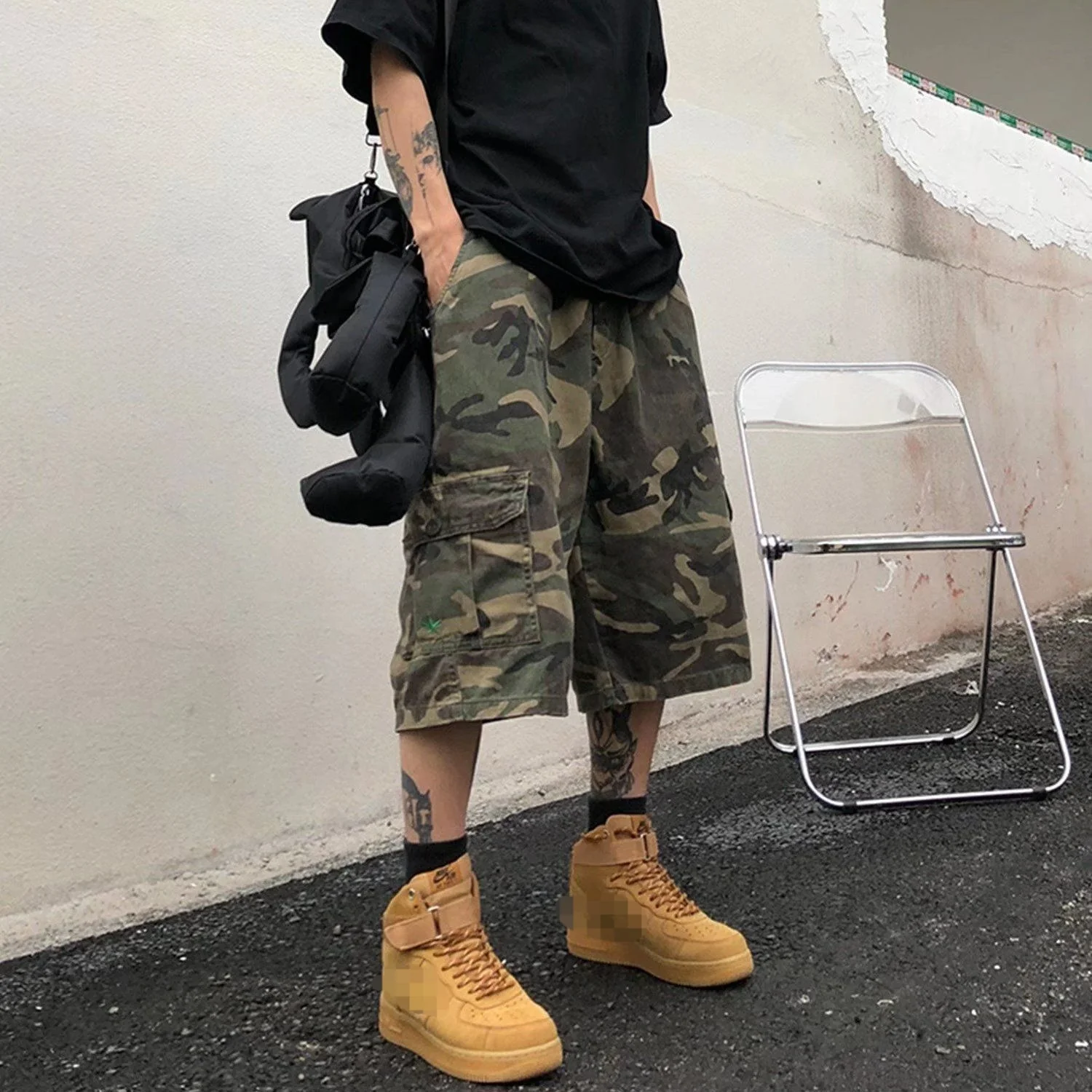 Shorts Men Clothing Loose Street Camouflage Wide-Leg Elastic Waist Casual Versatile Below Cropped Pants Knee Length Summer