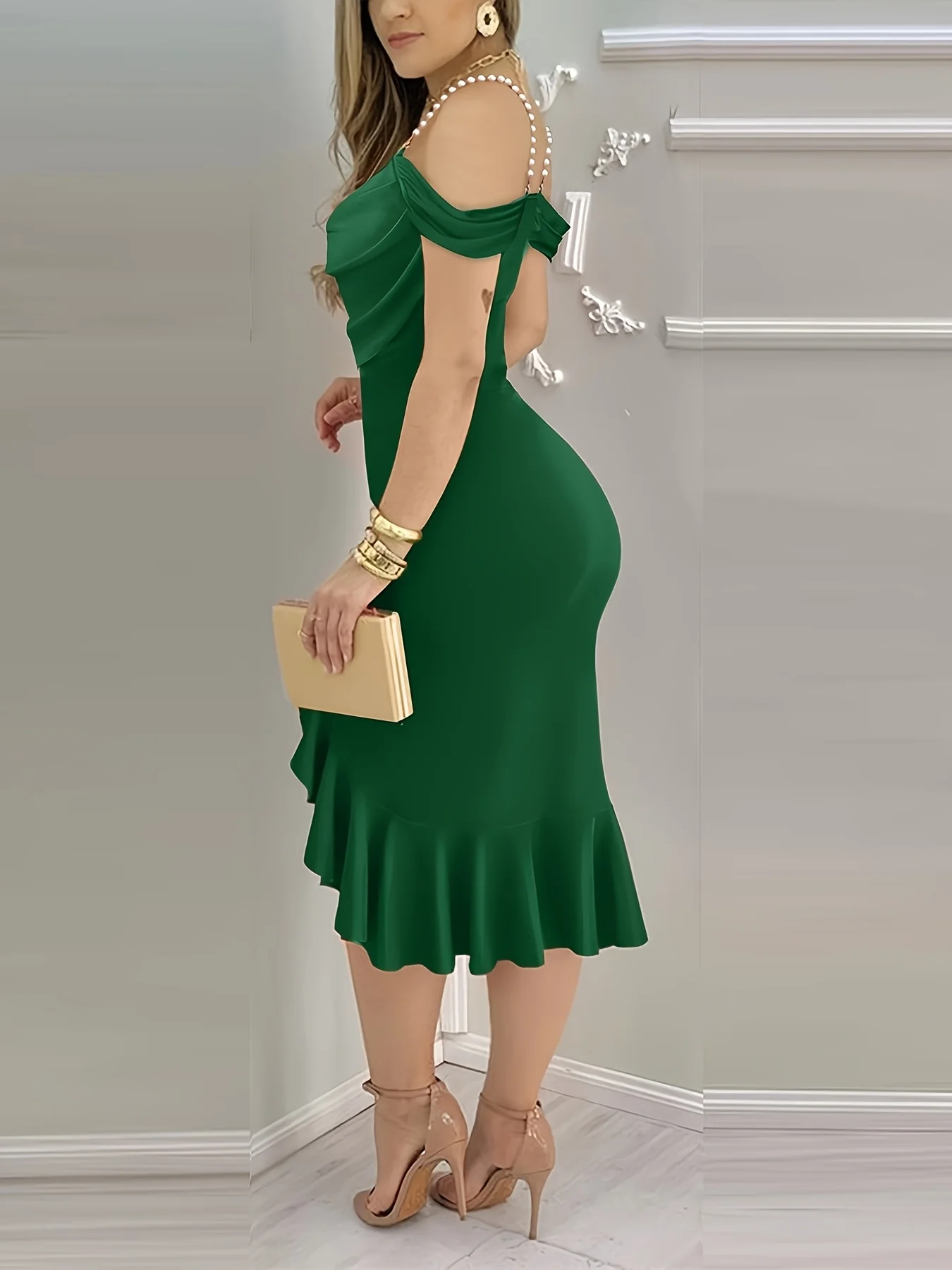 Shoulder Pearls Strap Bodycon Dress Cowl Neck Ruffle Hem Party Dresses - Image 10