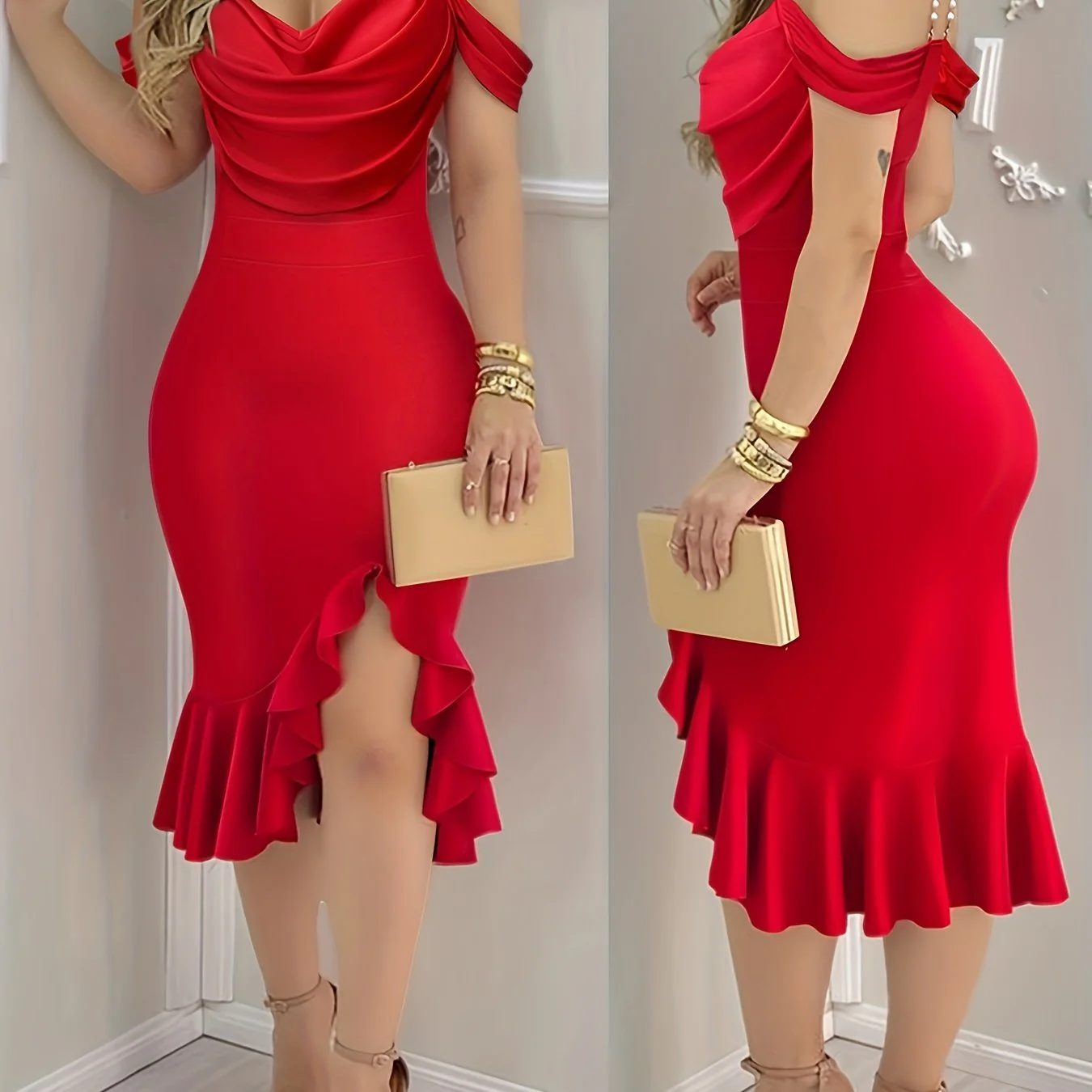 Shoulder Pearls Strap Bodycon Dress Cowl Neck Ruffle Hem Party Dresses - Image 11