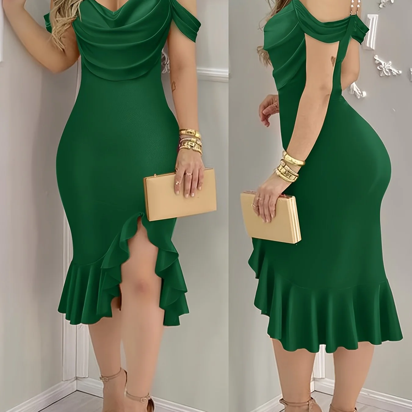 Shoulder Pearls Strap Bodycon Dress Cowl Neck Ruffle Hem Party Dresses - Image 13
